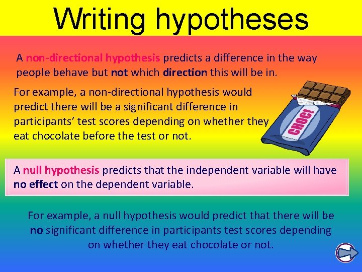 Writing hypotheses A non-directional hypothesis predicts a difference in the way people behave but