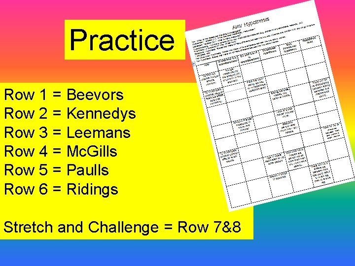 Practice Row 1 = Beevors Row 2 = Kennedys Row 3 = Leemans Row