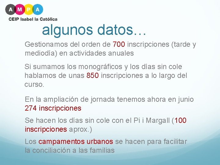 algunos datos… Gestionamos del orden de 700 inscripciones (tarde y mediodía) en actividades anuales