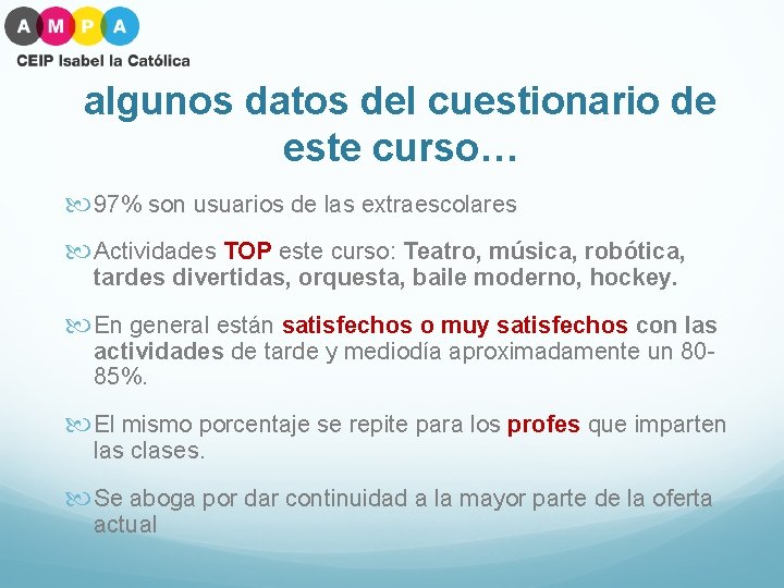 algunos datos del cuestionario de este curso… 97% son usuarios de las extraescolares Actividades