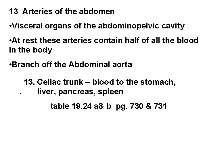 13 Arteries of the abdomen • Visceral organs of the abdominopelvic cavity • At