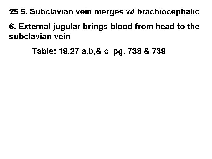 25 5. Subclavian vein merges w/ brachiocephalic 6. External jugular brings blood from head
