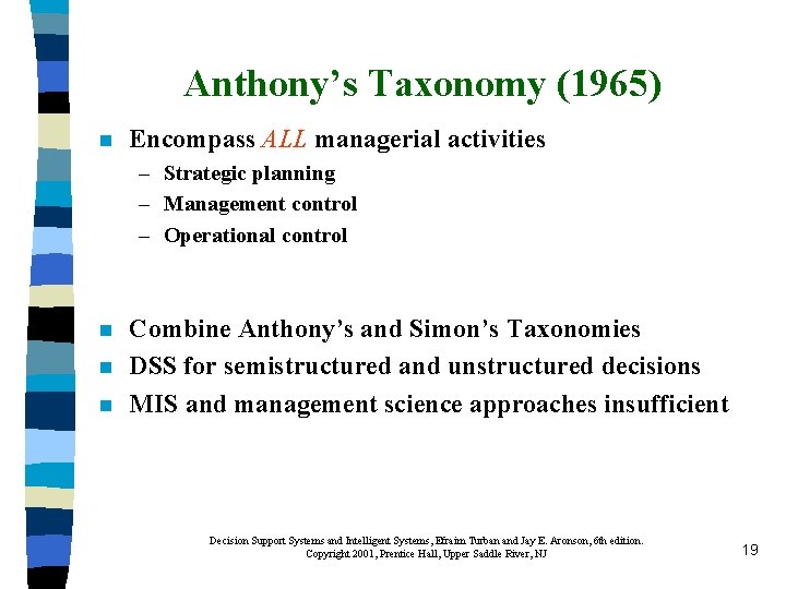 Anthony’s Taxonomy (1965) n Encompass ALL managerial activities – Strategic planning – Management control