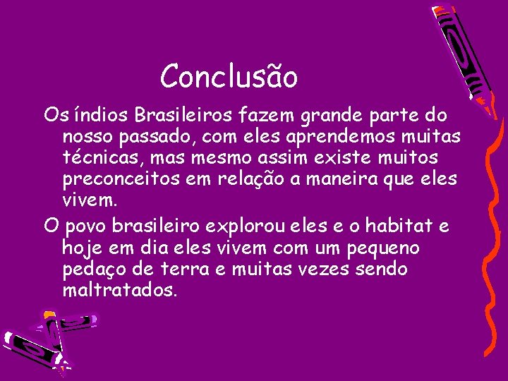 Conclusão Os índios Brasileiros fazem grande parte do nosso passado, com eles aprendemos muitas