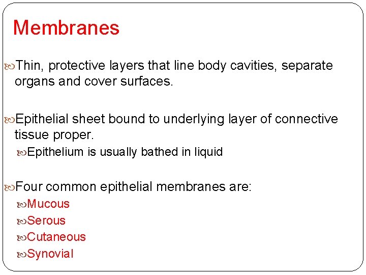 Membranes Thin, protective layers that line body cavities, separate organs and cover surfaces. Epithelial