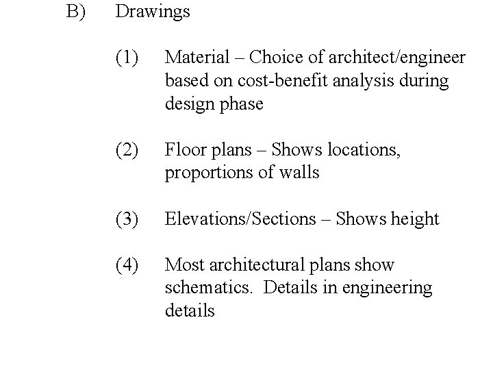B) Drawings (1) Material – Choice of architect/engineer based on cost-benefit analysis during design