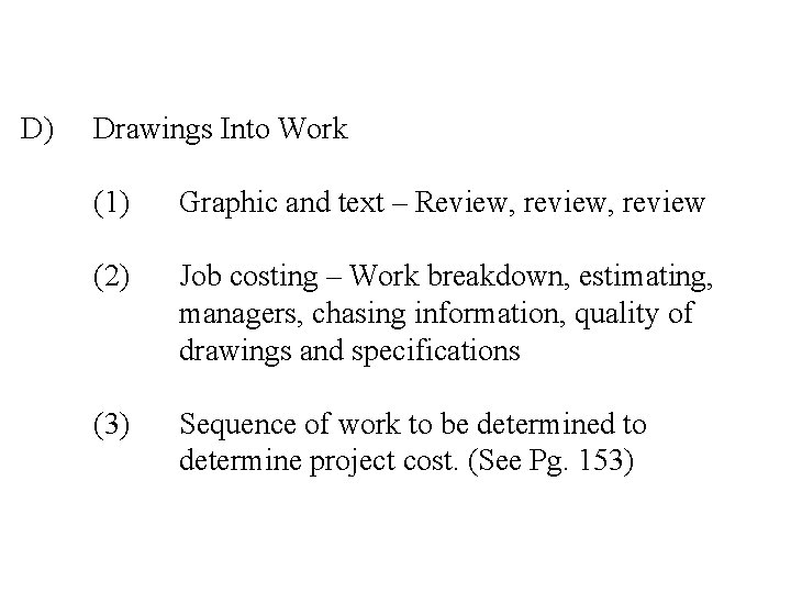 D) Drawings Into Work (1) Graphic and text – Review, review (2) Job costing