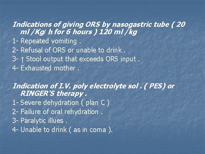 Indications of giving ORS by nasogastric tube ( 20 ml /Kg/ h for 6