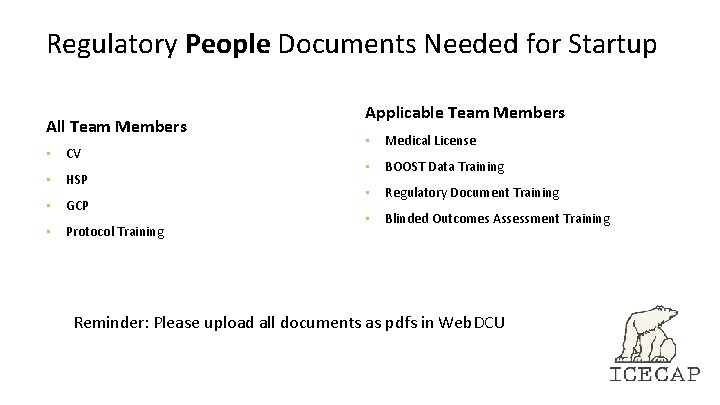 Regulatory People Documents Needed for Startup All Team Members ▪ CV ▪ HSP ▪ Regulatory People Documents Needed for Startup All Team Members ▪ CV ▪ HSP ▪