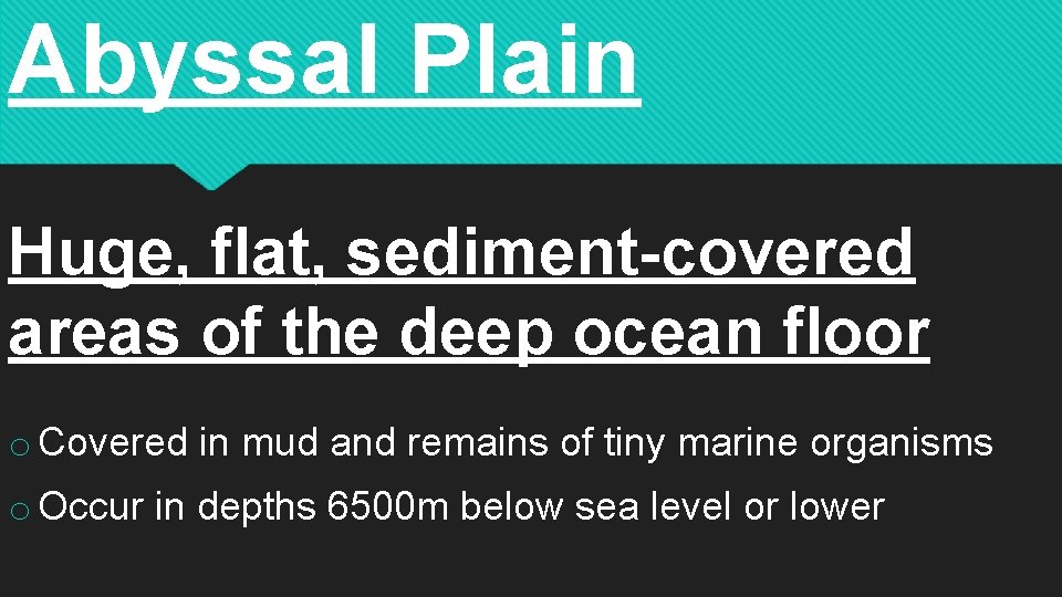 Abyssal Plain Huge, flat, sediment-covered areas of the deep ocean floor o Covered in