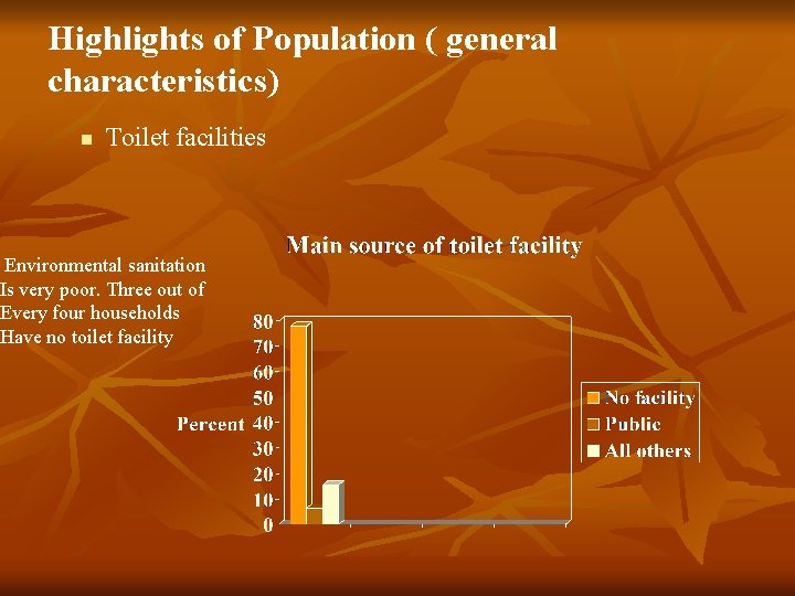Highlights of Population ( general characteristics) n Toilet facilities Environmental sanitation Is very poor.