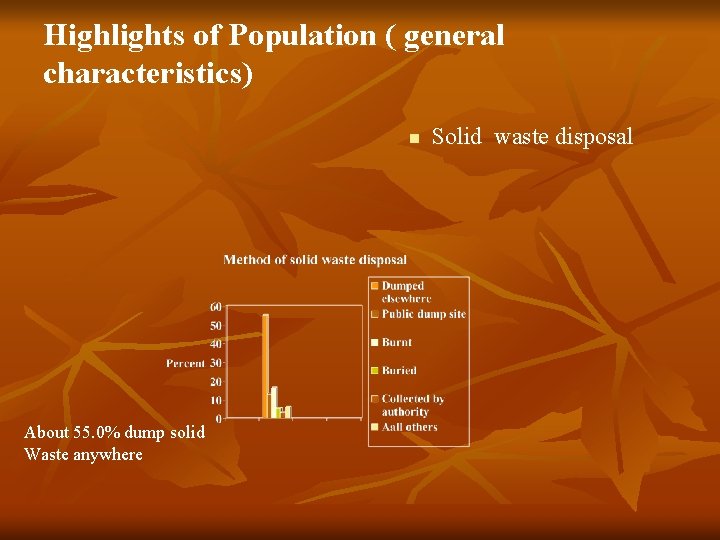 Highlights of Population ( general characteristics) n About 55. 0% dump solid Waste anywhere