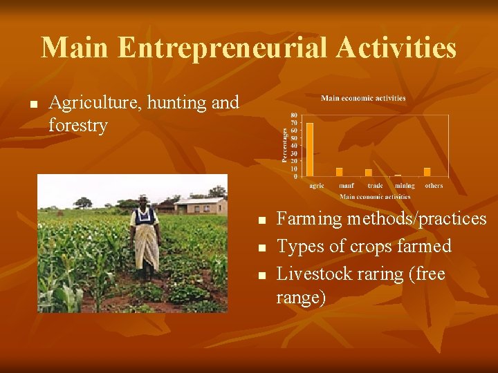 Main Entrepreneurial Activities n Agriculture, hunting and forestry n n n Farming methods/practices Types