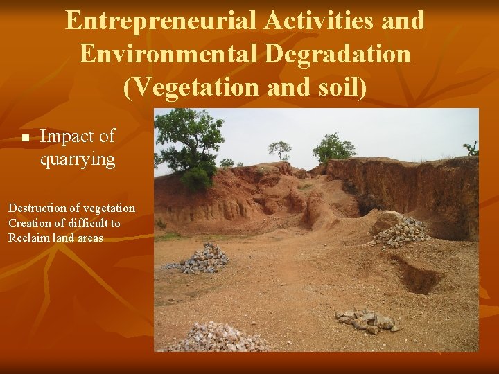 Entrepreneurial Activities and Environmental Degradation (Vegetation and soil) n Impact of quarrying Destruction of