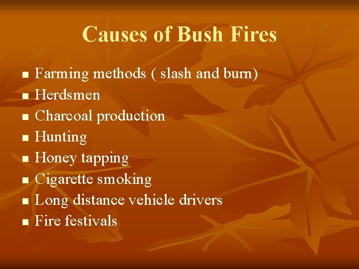 Causes of Bush Fires n n n n Farming methods ( slash and burn)