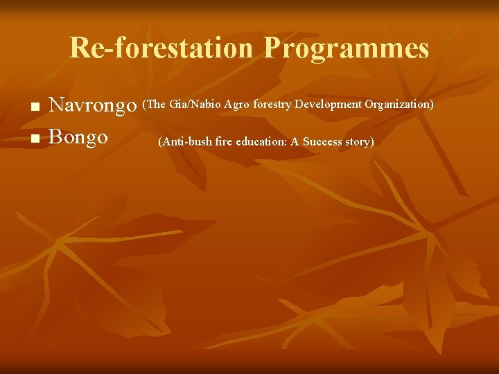 Re-forestation Programmes n n Navrongo (The Gia/Nabio Agro forestry Development Organization) Bongo (Anti-bush fire