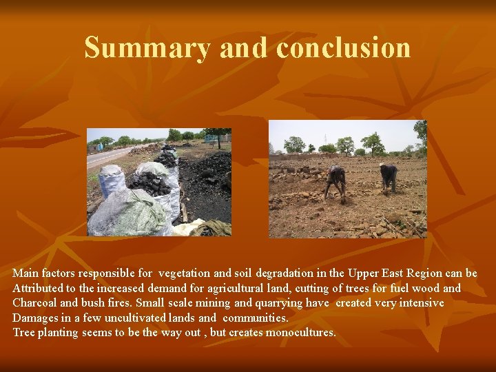 Summary and conclusion Main factors responsible for vegetation and soil degradation in the Upper