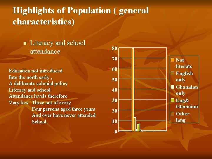 Highlights of Population ( general characteristics) n Literacy and school attendance Education not introduced