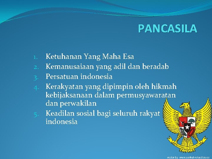PANCASILA Ketuhanan Yang Maha Esa Kemanusaiaan yang adil dan beradab Persatuan indonesia Kerakyatan yang