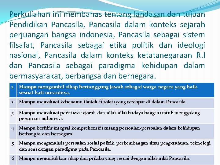 Perkuliahan ini membahas tentang landasan dan tujuan Pendidikan Pancasila, Pancasila dalam konteks sejarah perjuangan