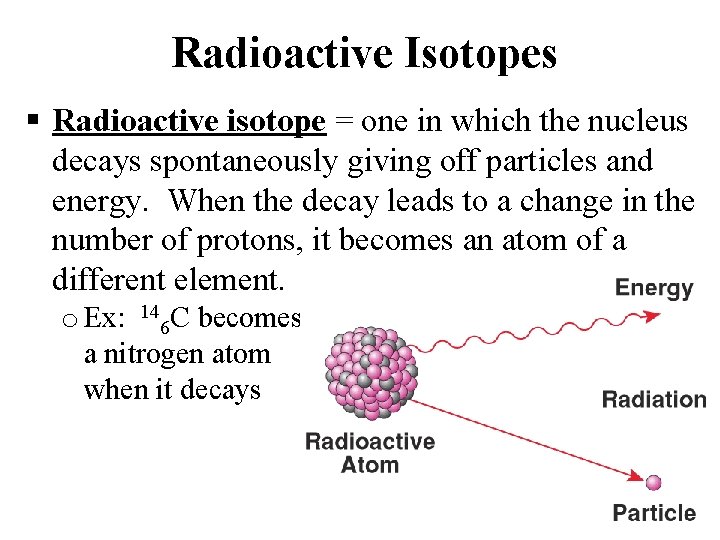 Radioactive Isotopes Radioactive isotope = one in which the nucleus decays spontaneously giving off