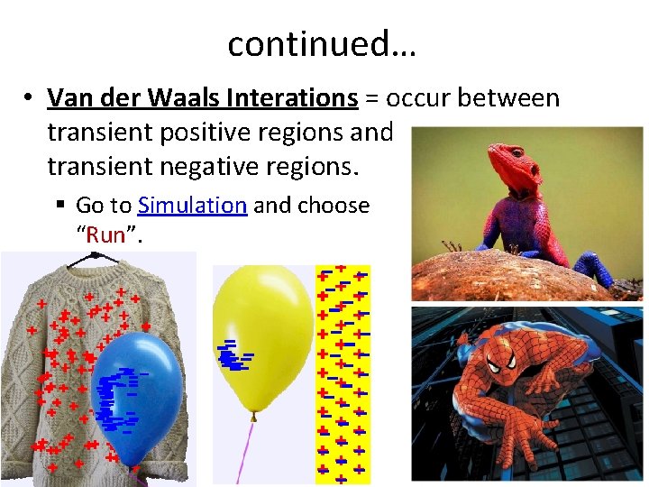 continued… • Van der Waals Interations = occur between transient positive regions and transient