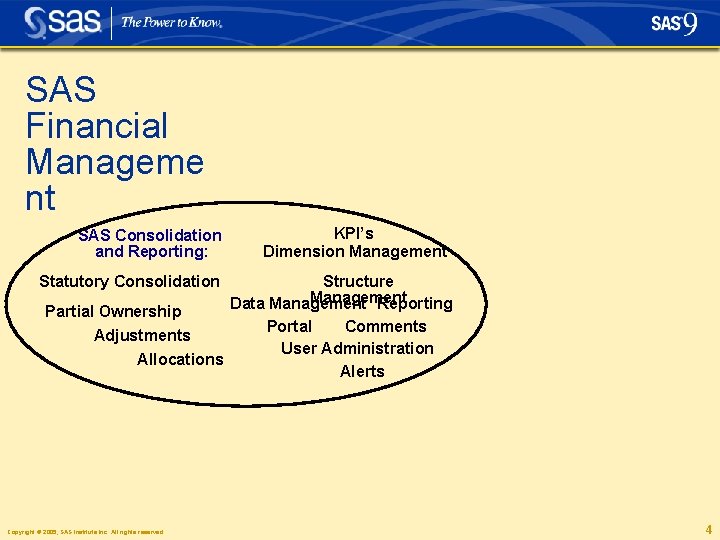 SAS Financial Manageme nt SAS Consolidation and Reporting: KPI’s Dimension Management Structure Management Data