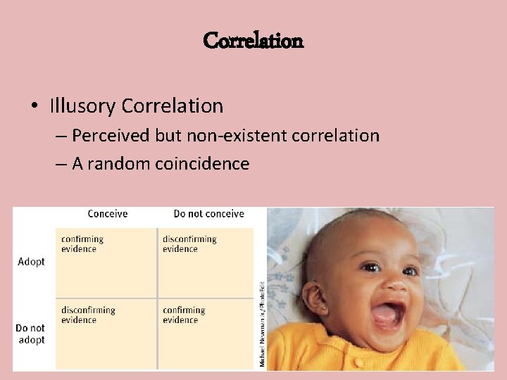 Correlation • Illusory Correlation – Perceived but non-existent correlation – A random coincidence 