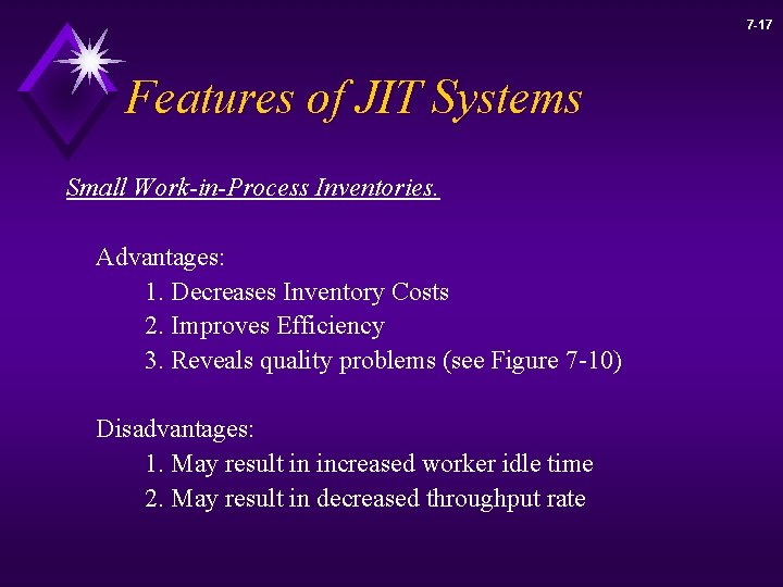 7 -17 Features of JIT Systems Small Work-in-Process Inventories. Advantages: 1. Decreases Inventory Costs