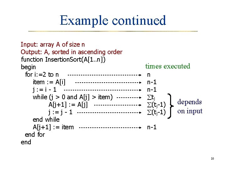 Example continued Input: array A of size n Output: A, sorted in ascending order