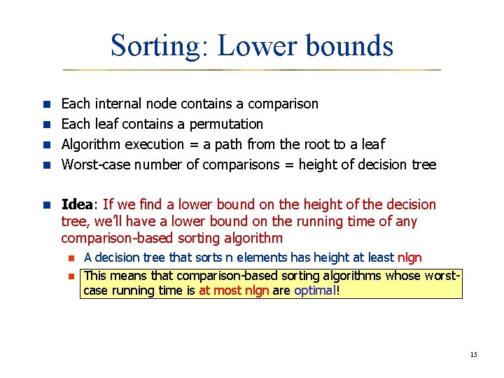 Sorting: Lower bounds n Each internal node contains a comparison n Each leaf contains