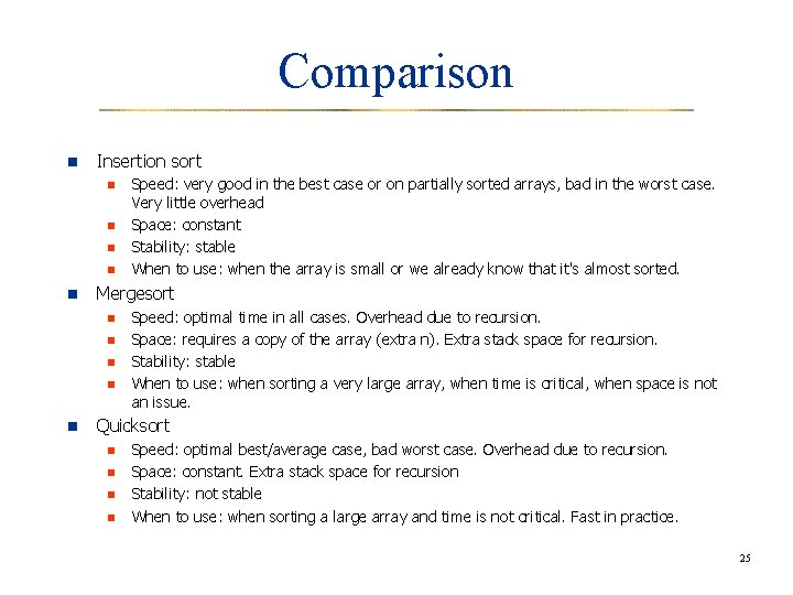Comparison n Insertion sort n n n Mergesort n n n Speed: very good