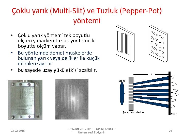 Çoklu yarık (Multi-Slit) ve Tuzluk (Pepper-Pot) yöntemi • Çoklu yarık yöntemi tek boyutlu ölçüm