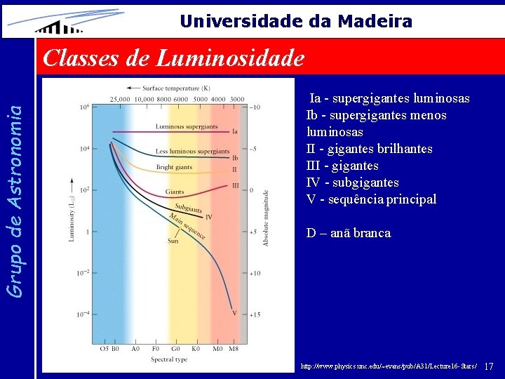 Grupo de Astronomia Universidade da Madeira Classes de Luminosidade Ia - supergigantes luminosas Ib