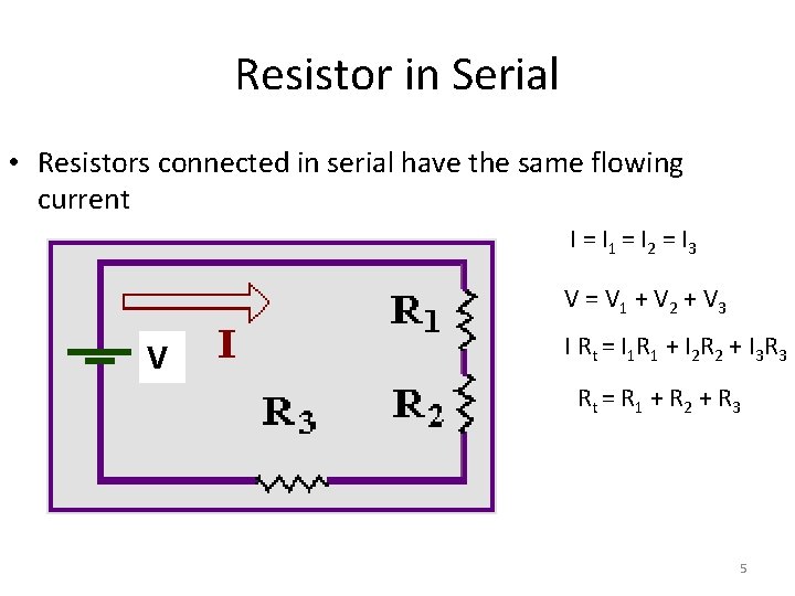 Resistor in Serial • Resistors connected in serial have the same flowing current I