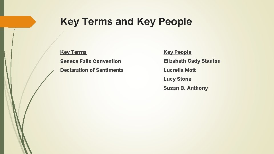 Key Terms and Key People Key Terms Key People Seneca Falls Convention Elizabeth Cady