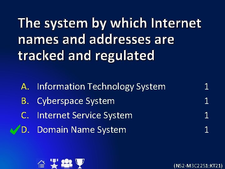 The system by which Internet names and addresses are tracked and regulated A. B.