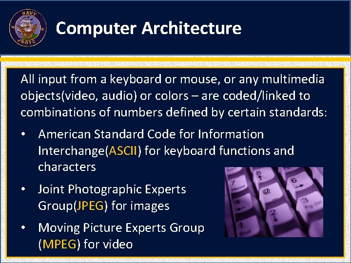 Computer Architecture All input from a keyboard or mouse, or any multimedia objects(video, audio)