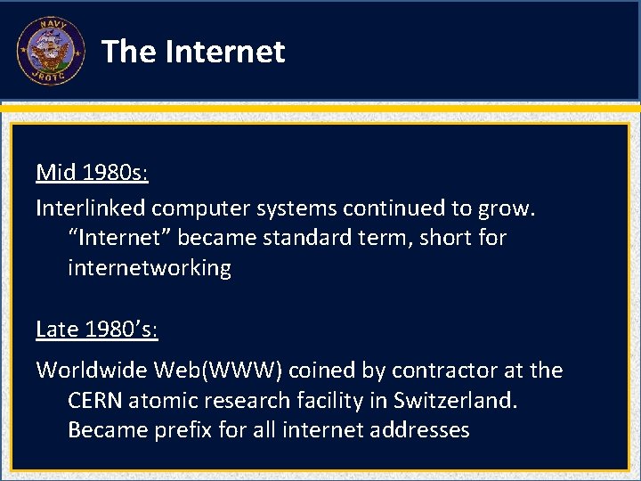 The Internet Mid 1980 s: Interlinked computer systems continued to grow. “Internet” became standard