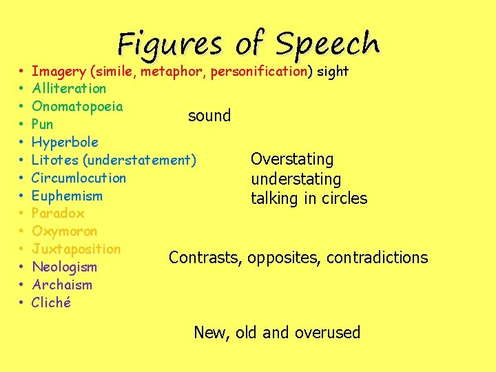  • • • • Figures of Speech Imagery (simile, metaphor, personification) sight Alliteration