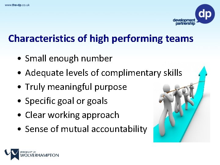 Characteristics of high performing teams • • • Small enough number Adequate levels of