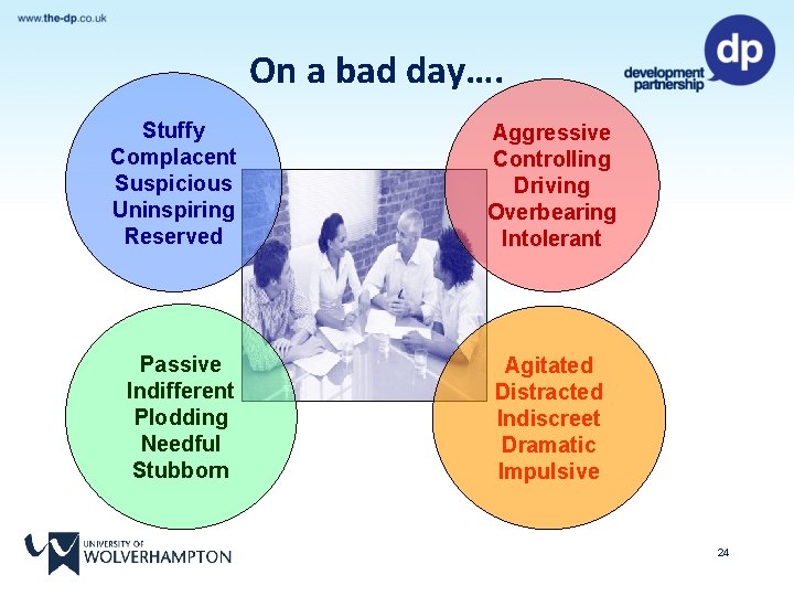 On a bad day…. Stuffy Complacent Suspicious Uninspiring Reserved Passive Indifferent Plodding Needful Stubborn