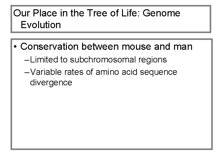 Our Place in the Tree of Life: Genome Evolution • Conservation between mouse and