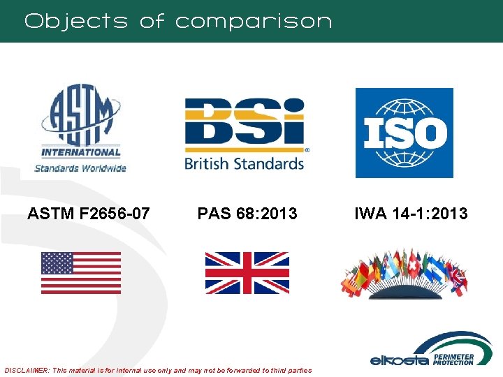 Objects of comparison ASTM F 2656 -07 PAS 68: 2013 DISCLAIMER: This material is