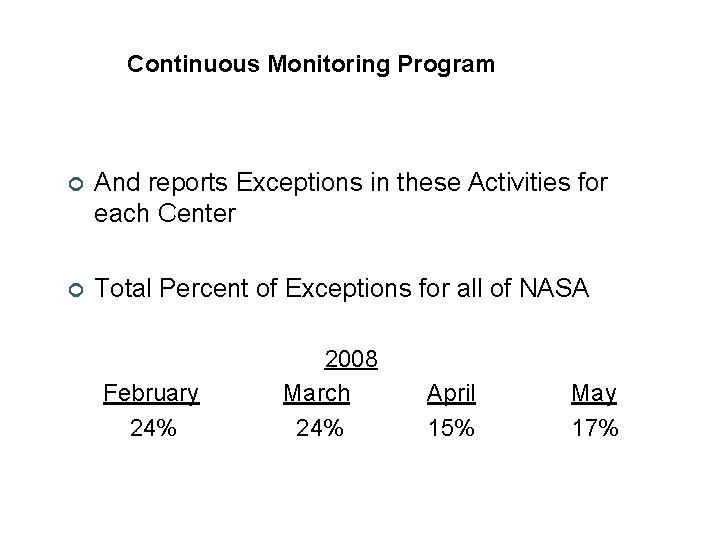 Continuous Monitoring Program ¢ And reports Exceptions in these Activities for each Center ¢