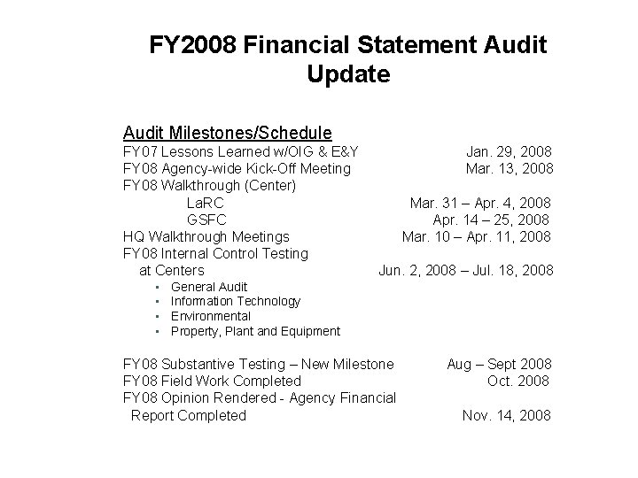 FY 2008 Financial Statement Audit Update Audit Milestones/Schedule FY 07 Lessons Learned w/OIG &