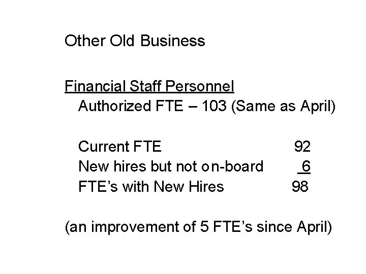 Other Old Business Financial Staff Personnel Authorized FTE – 103 (Same as April) Current