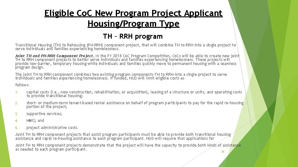 Eligible Co. C New Program Project Applicant Housing/Program Type TH – RRH program Transitional