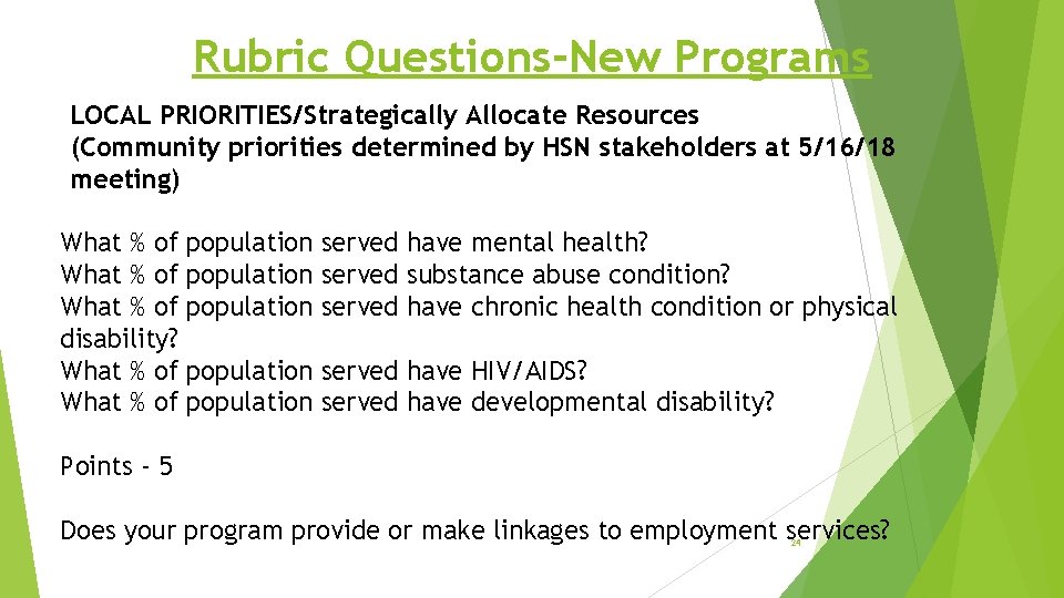 Rubric Questions-New Programs LOCAL PRIORITIES/Strategically Allocate Resources (Community priorities determined by HSN stakeholders at