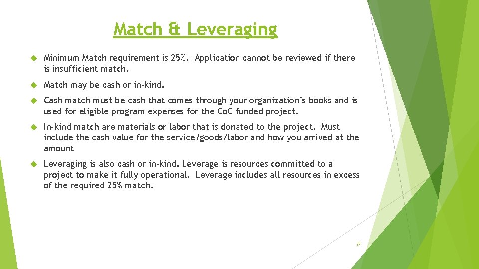 Match & Leveraging Minimum Match requirement is 25%. Application cannot be reviewed if there
